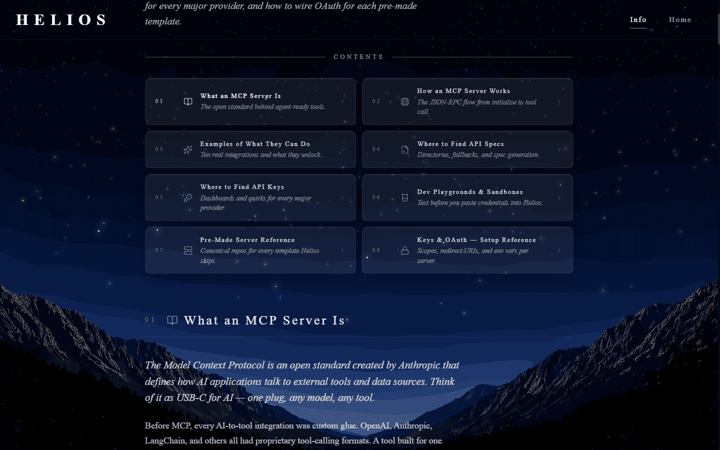 Helios info page: eight-section reference covering MCP servers, API specs, keys and OAuth setup