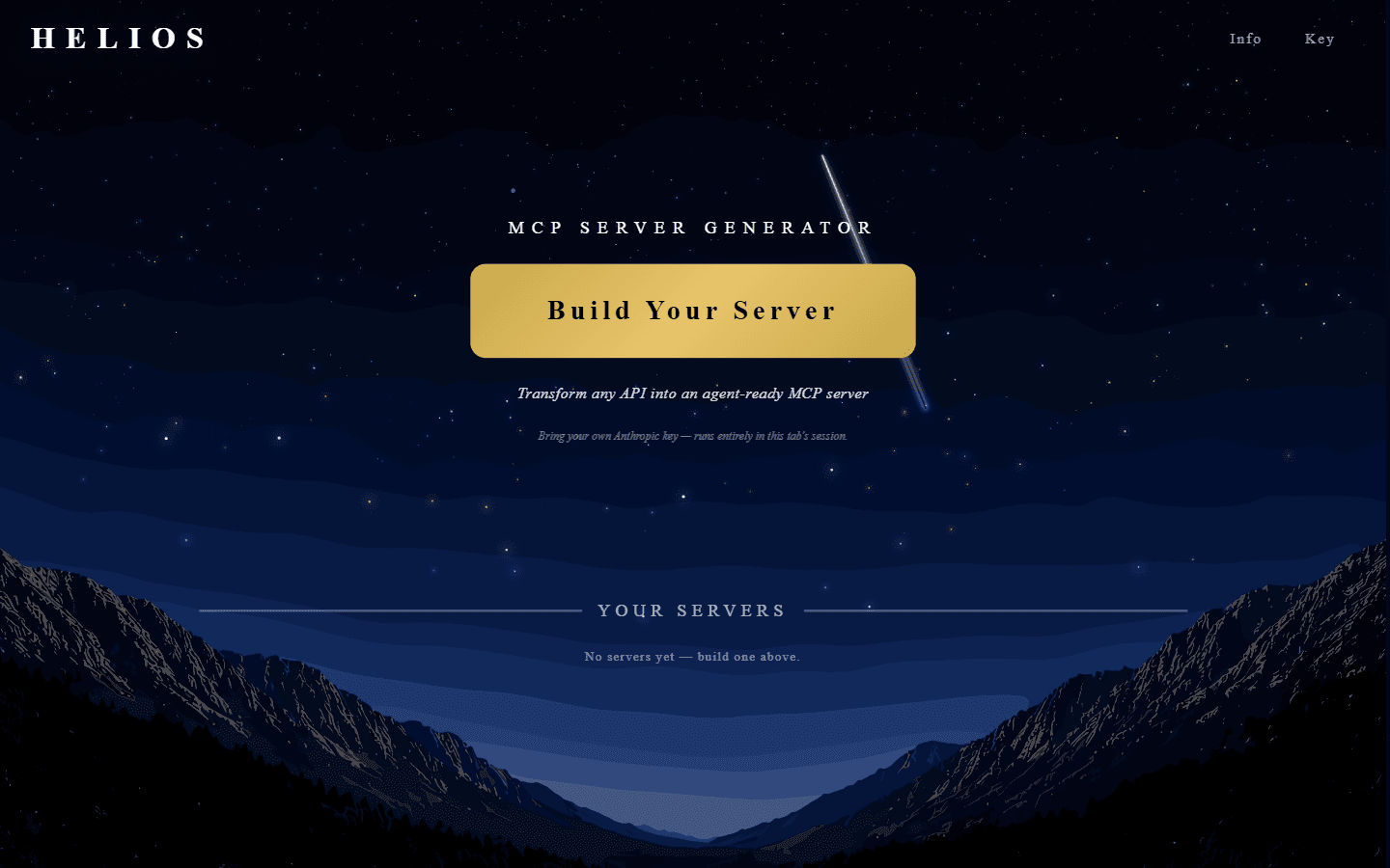 Helios landing page: MCP Server Generator with the Build Your Server call to action